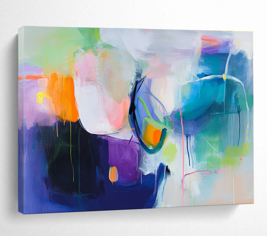 A large abstract painting featuring a colorful background with soft shapes and bold colors, evoking movement and energy with hints of pink blue green and more.SC312