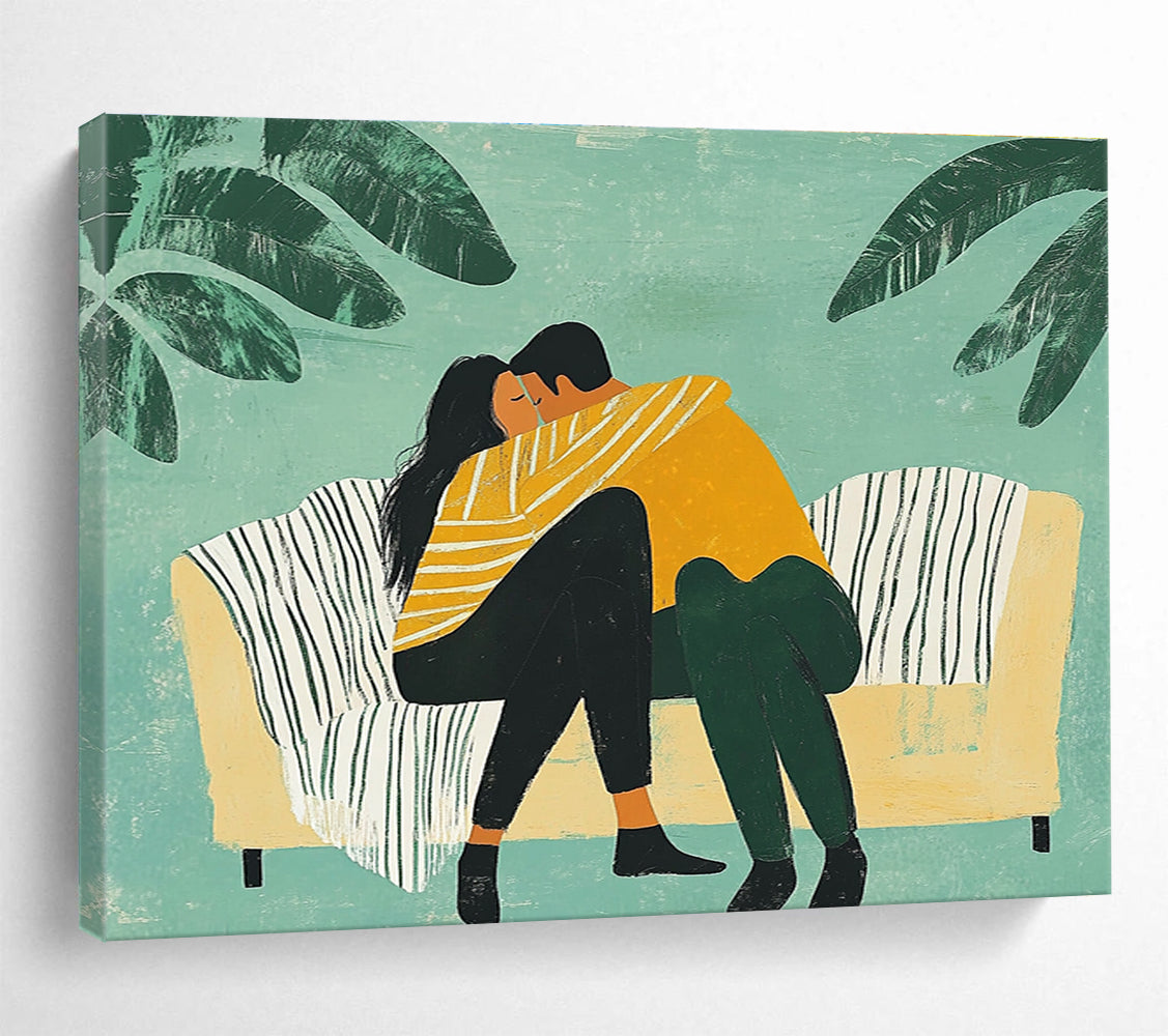 An abstract illustration of a couple embracing on a couch under a striped blanket surrounded by minimalistic plants in bold colors.SC400