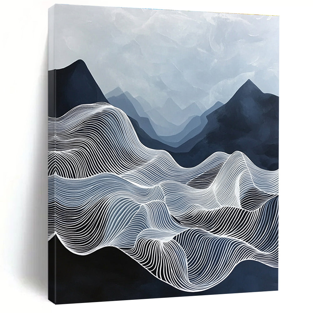 Large abstract painting of ethereal waves with flowing white lines against a deep blue sky featuring black mountains and mysterious organic forms.STSC1147