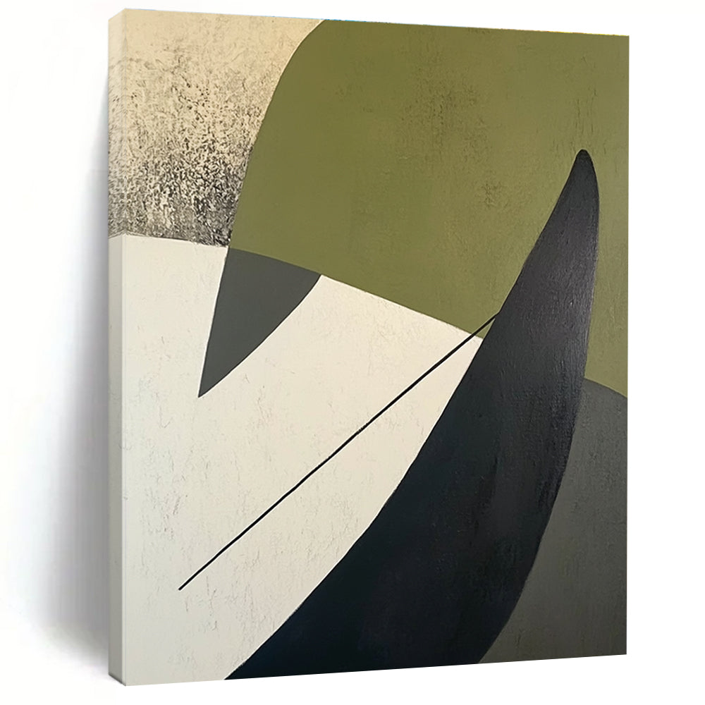 A large abstract painting featuring green white and black shapes on a beige background with a dark gray arrow-like line on the left side.STSC684
