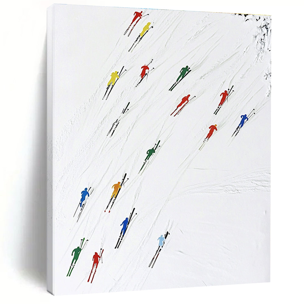 A large abstract painting featuring colorful skiers dynamically moving across the snow capturing speed and vitality in a minimalist style.STSC986