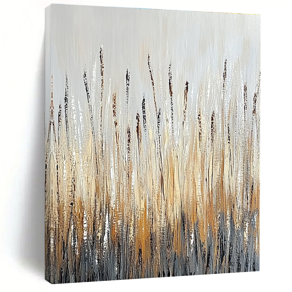Large abstract painting of tall grass in earthy tones with textured brushstrokes and water droplets against a neutral gray background evoking nature's tranquility.STSC337