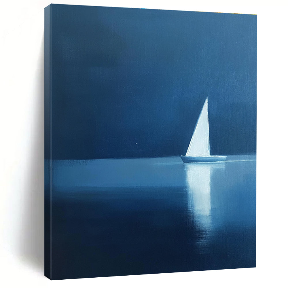 Abstract painting featuring a minimalist silhouette of a sailboat on calm water with elegant blue and white hues, creating a serene atmosphere.STSC1087
