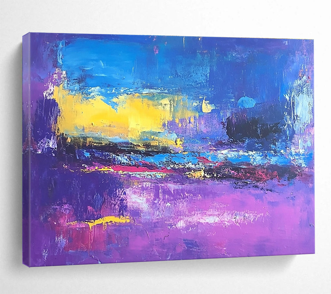 Large abstract painting depicting a violet and blue landscape inspired by Richard Diebenkorn's style.SC044