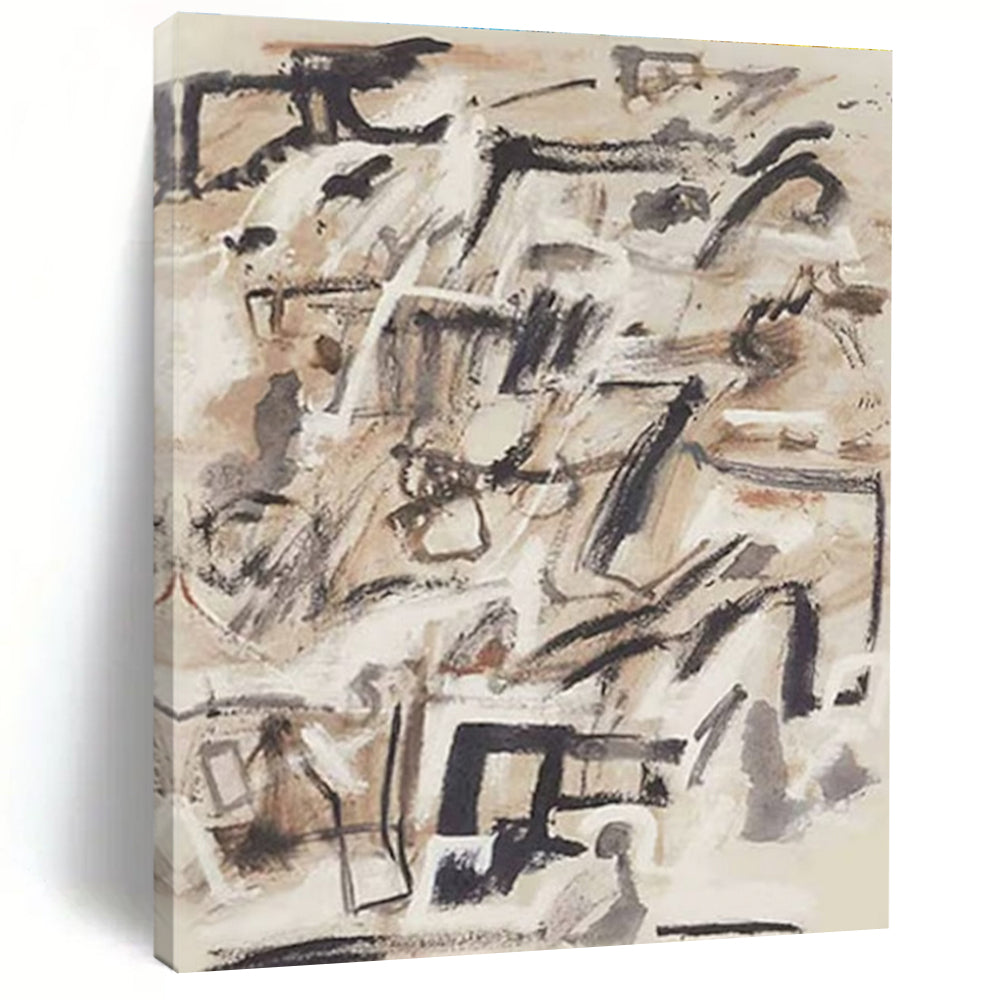 Dynamic Black and Beige Abstract Painting with Energetic Brushstrokes ADGE143