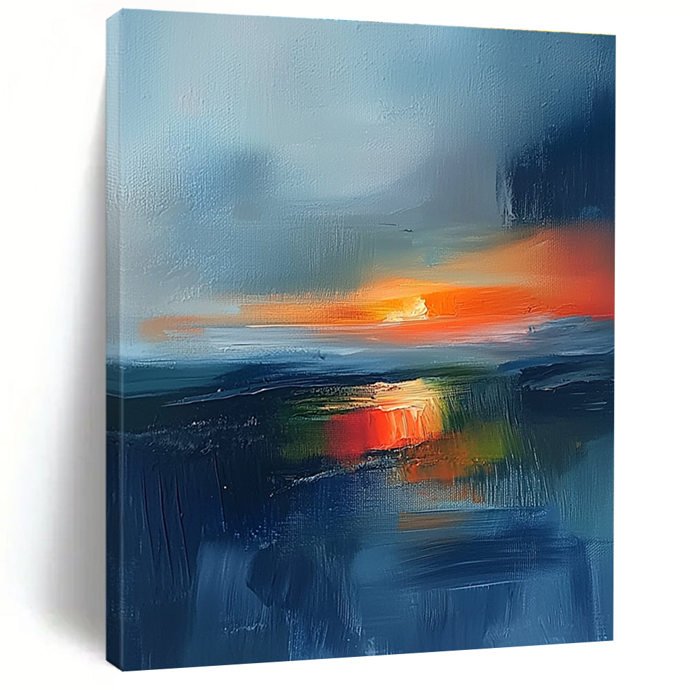 Large abstract painting featuring an Irish landscape at sunset with blue and orange tones and atmospheric clouds for a stunning visual impact.STSC149