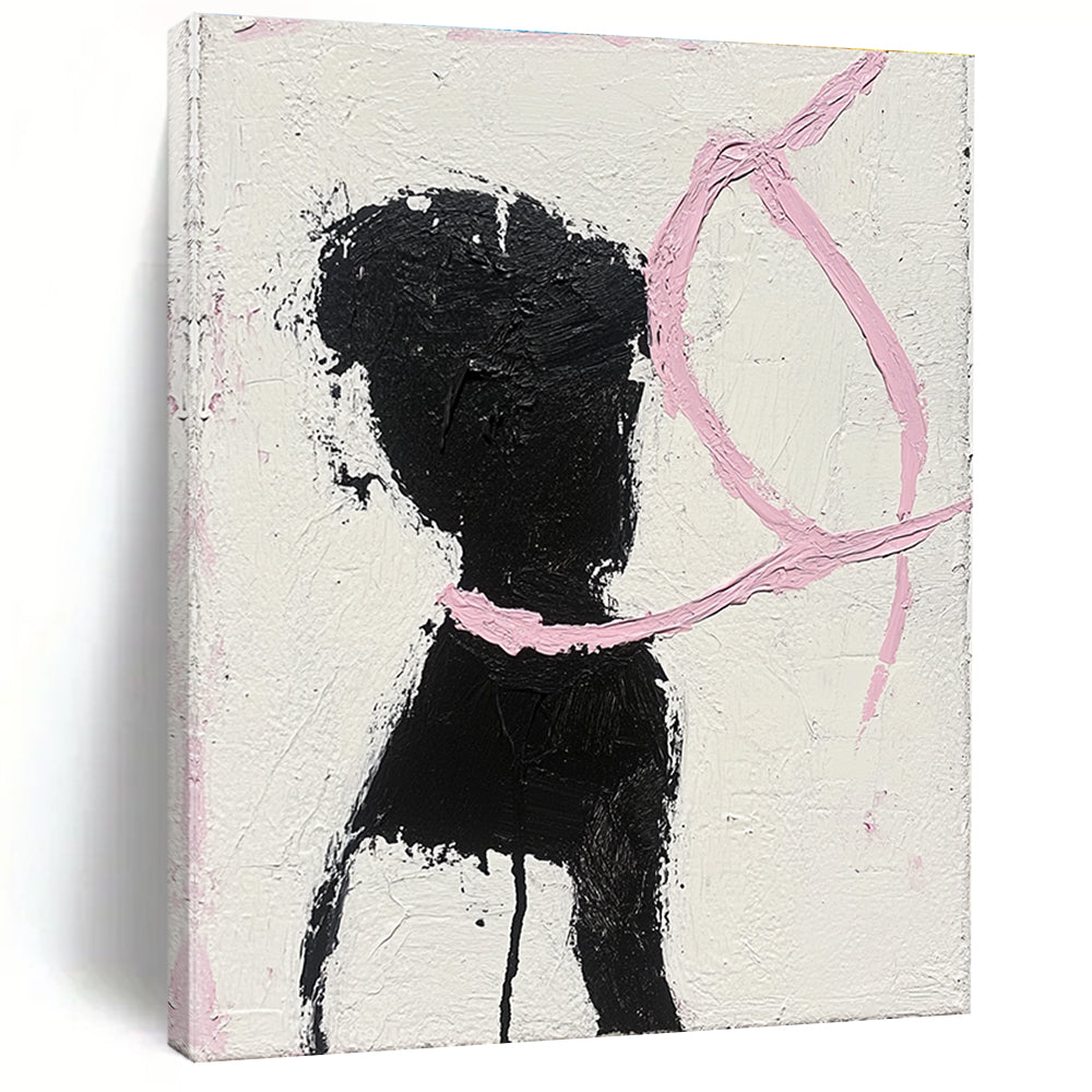 Abstract painting featuring a woman in black and white dancing with a pink ribbon surrounding her neck showcasing visible brush strokes and textured canvas.STSC1334