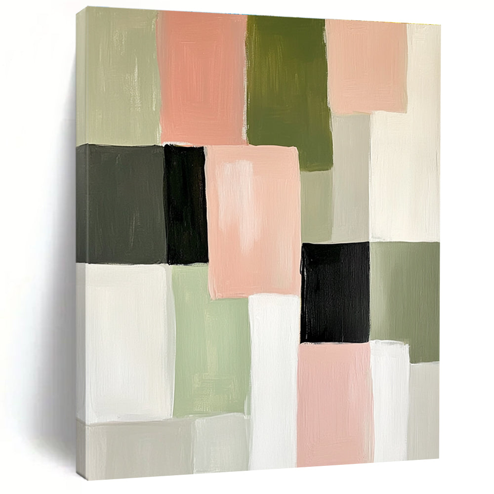 Abstract painting featuring soft pink green and white blocks of color creating an elegant minimalist composition perfect for modern decor.STSC448