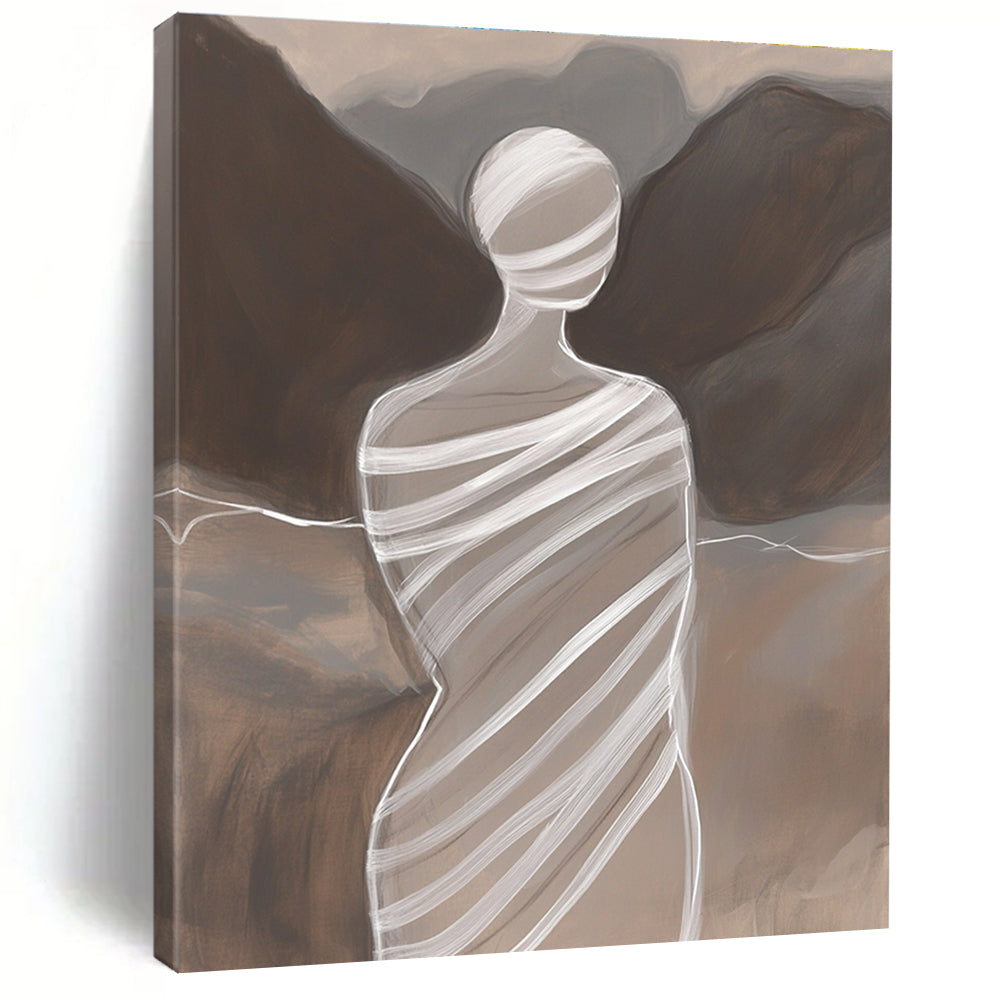 Large abstract painting featuring a faceless woman in striped fabric atop Mount Lao with delicate lines minimalist style and subtle color transitions.STSC1268