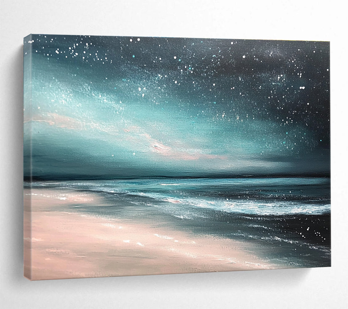 An abstract painting featuring a light teal and dark gray sky with stars, capturing a serene nighttime beach atmosphere.SC398