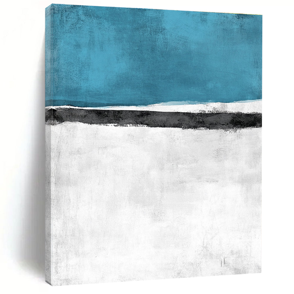 Large Abstract Landscape Painting Featuring a Snowy Field with Sea and Sky in an Elegant Minimalist Watercolor Style.STSC523