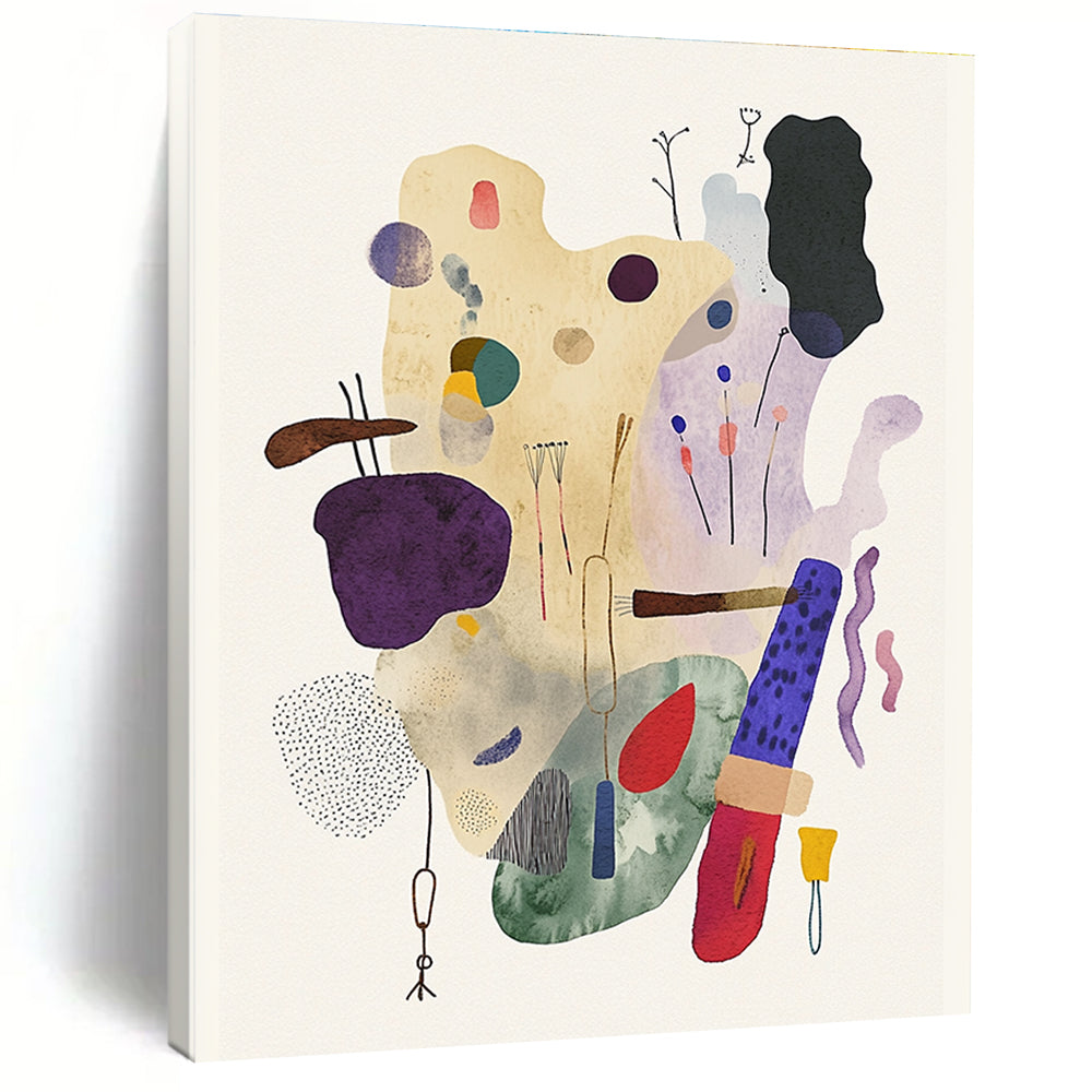 A large abstract watercolor and ink illustration featuring whimsical objects in muted pastel tones and playful textures on a textured paper background.STSC1238