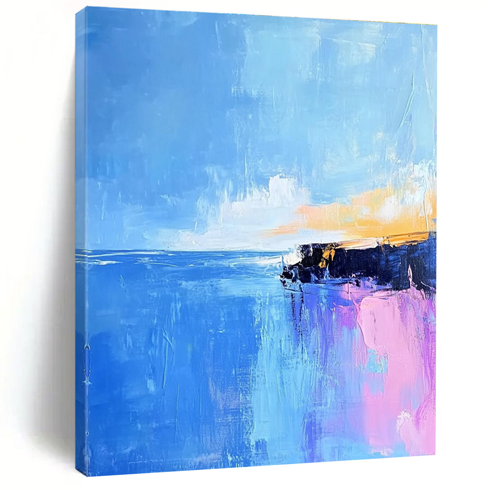 Large abstract painting of Pointe du Hoc's rocky coast in light pink and baby-blue hues with long brush strokes against a vibrant blue sky.STSC598