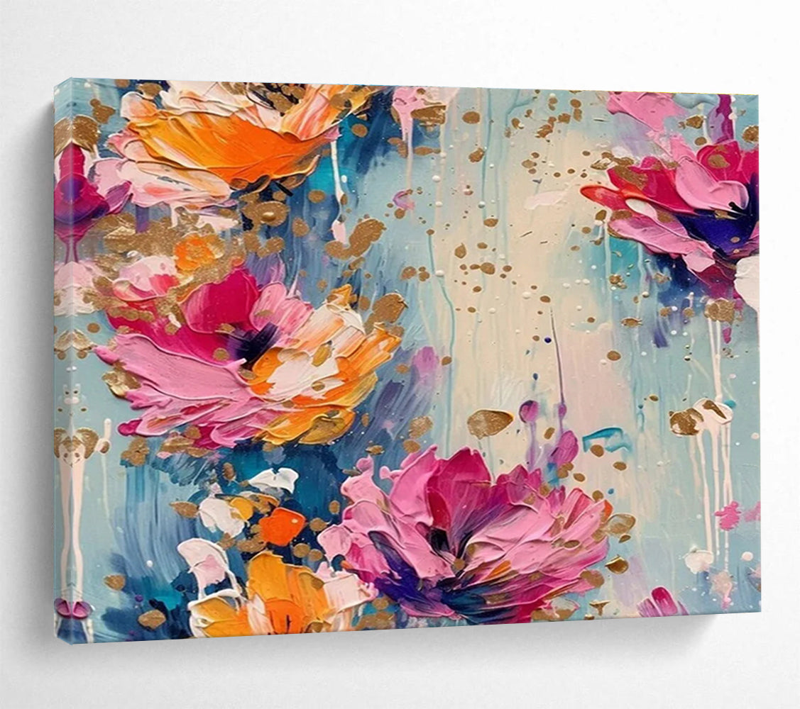 Gold - Accented Floral Abstract Painting with Pink, Orange, and Blue Hues THY305