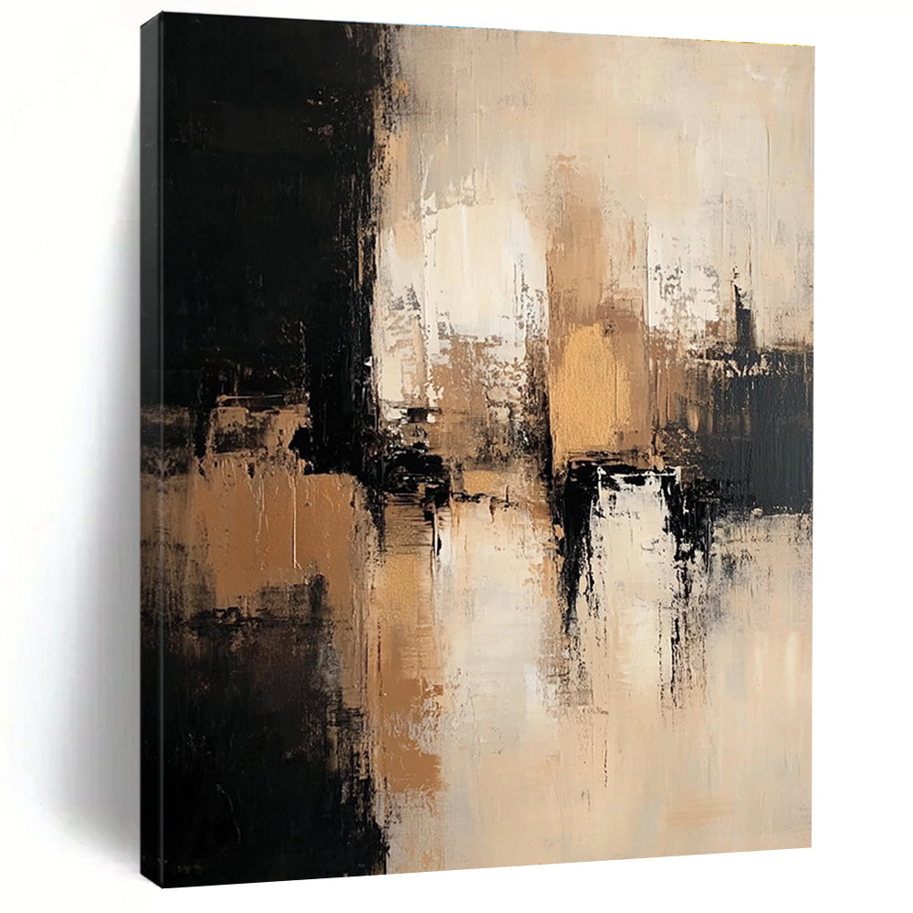 Large abstract painting featuring neutral tones with black beige and white depicting an urban landscape with dark brown and gold accents.STSC775