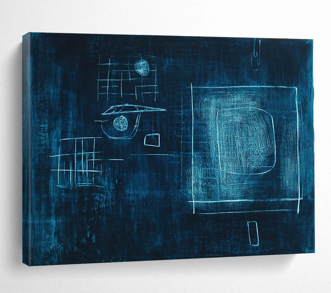 Large abstract painting in dark blue with glowing light and shapes, inspired by Paul Klee, featuring a dreamy atmosphere and bold lines.SC348