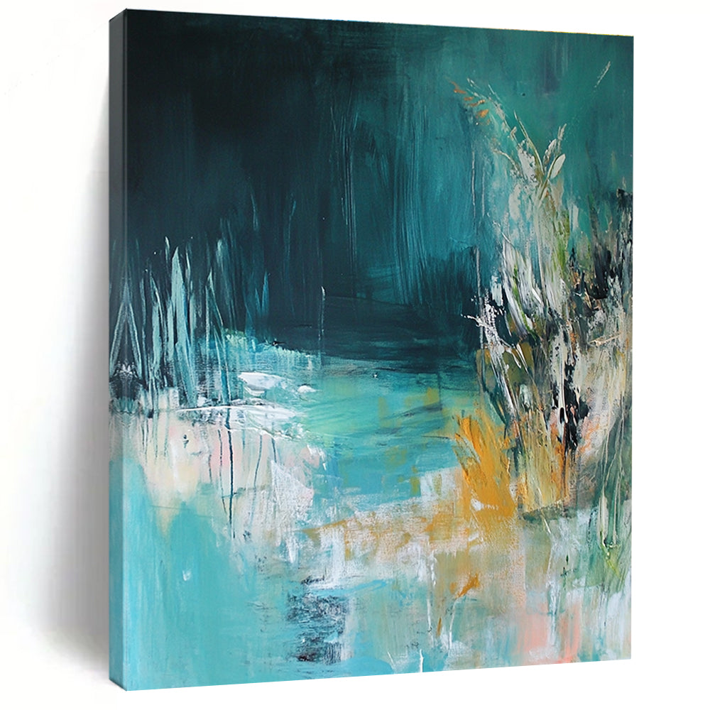 Large abstract painting of an underwater scene featuring light blue and green tones inspired by the style of Kathryn Statsny.STSC275
