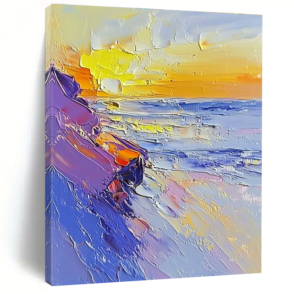 Large abstract painting featuring a sunset on the beach using a palette knife with white and pastel colors in broad strokes.STSC202