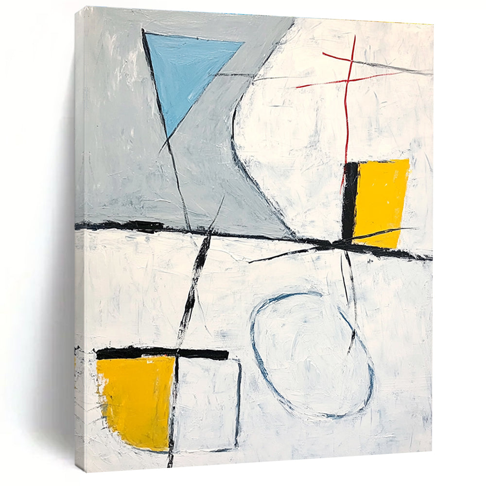 Large abstract painting featuring gray white and yellow shapes with a blue line connecting corners and black brush strokes.STSC612