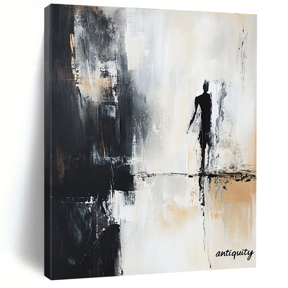 Large abstract painting featuring the text nostalgia in black white and gray tones with a shadowy figure and antiquity in the corner.STSC709