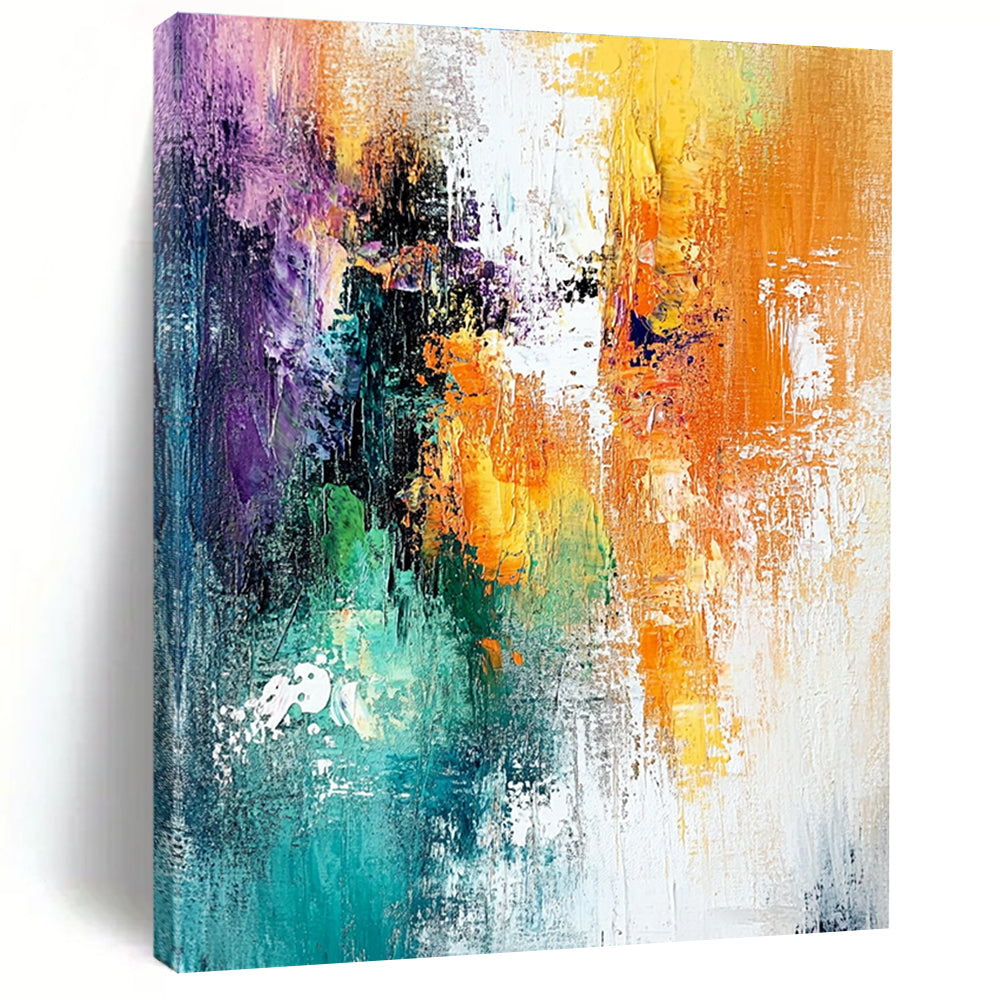 Large abstract painting featuring dreamy hues of white orange and teal with textured brushstrokes and a layered mixed media composition.STSC417