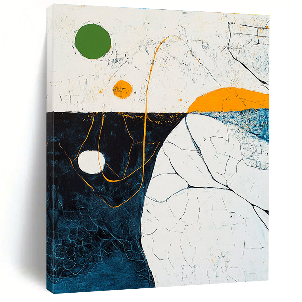 Large abstract painting depicting an aerial ocean view with a green circle and yellow lines featuring thick brush strokes and vibrant colors.STSC255