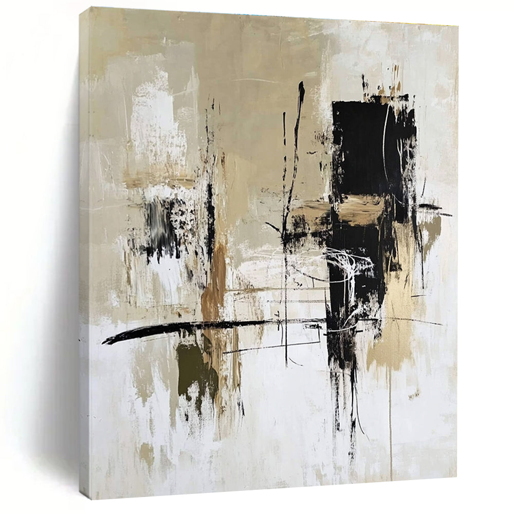 Large abstract painting with bold brushstrokes in high-contrast black white and beige featuring layers of color and dynamic shapes for modern decor.STSC413