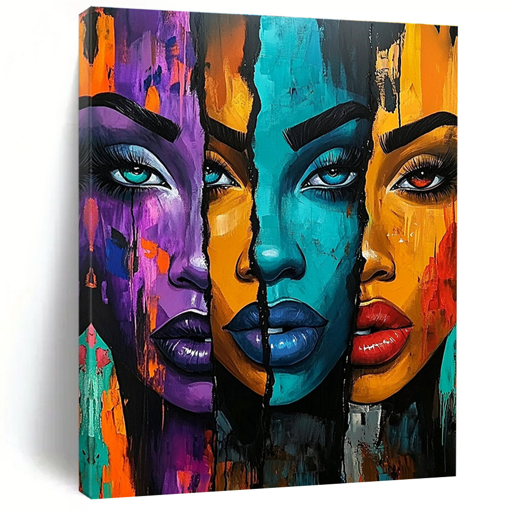 A large abstract painting featuring three vibrant African American women with bold colors and expressive features set against an energetic urban-inspired background.STSC1220