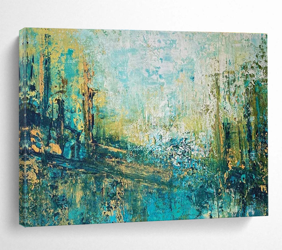 Teal Gold Abstract Painting with Forest Path Themes THY357
