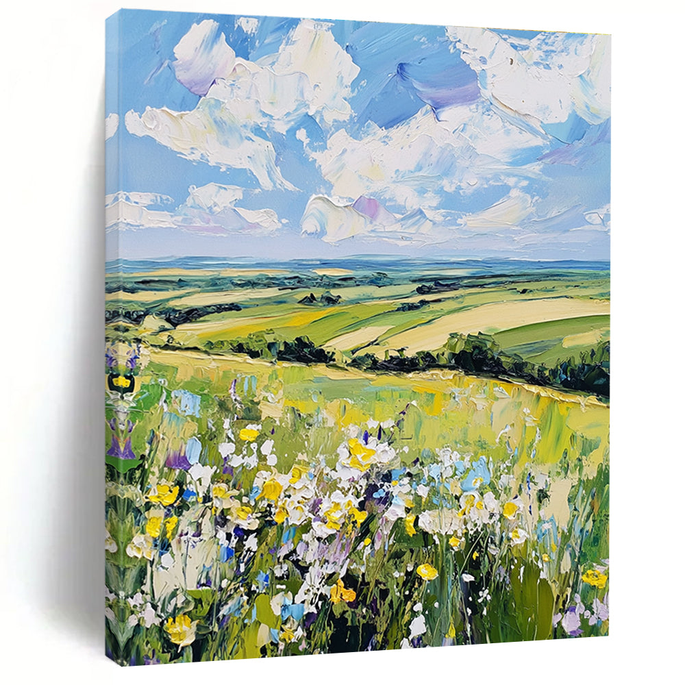 Large abstract painting showcasing a serene English countryside with wildflowers and rolling hills in vibrant colors capturing nature's tranquility.STSC1432