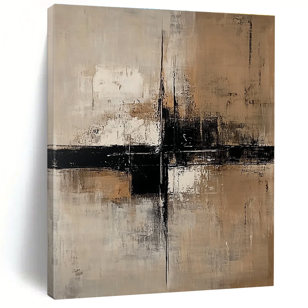 Large abstract painting featuring neutral tones of beige and white with black accents and large vertical lines on a dark gray background.STSC238