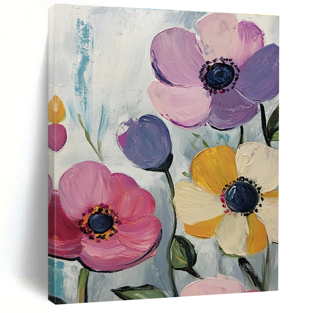 Large abstract painting features pink purple yellow flowers on a white background with blue-green and light gray brushstrokes in acrylic style.STSC999