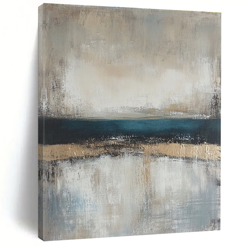 Large abstract painting featuring neutral colors and soft tones of beige gray and blue with a serene horizon line.STSC462