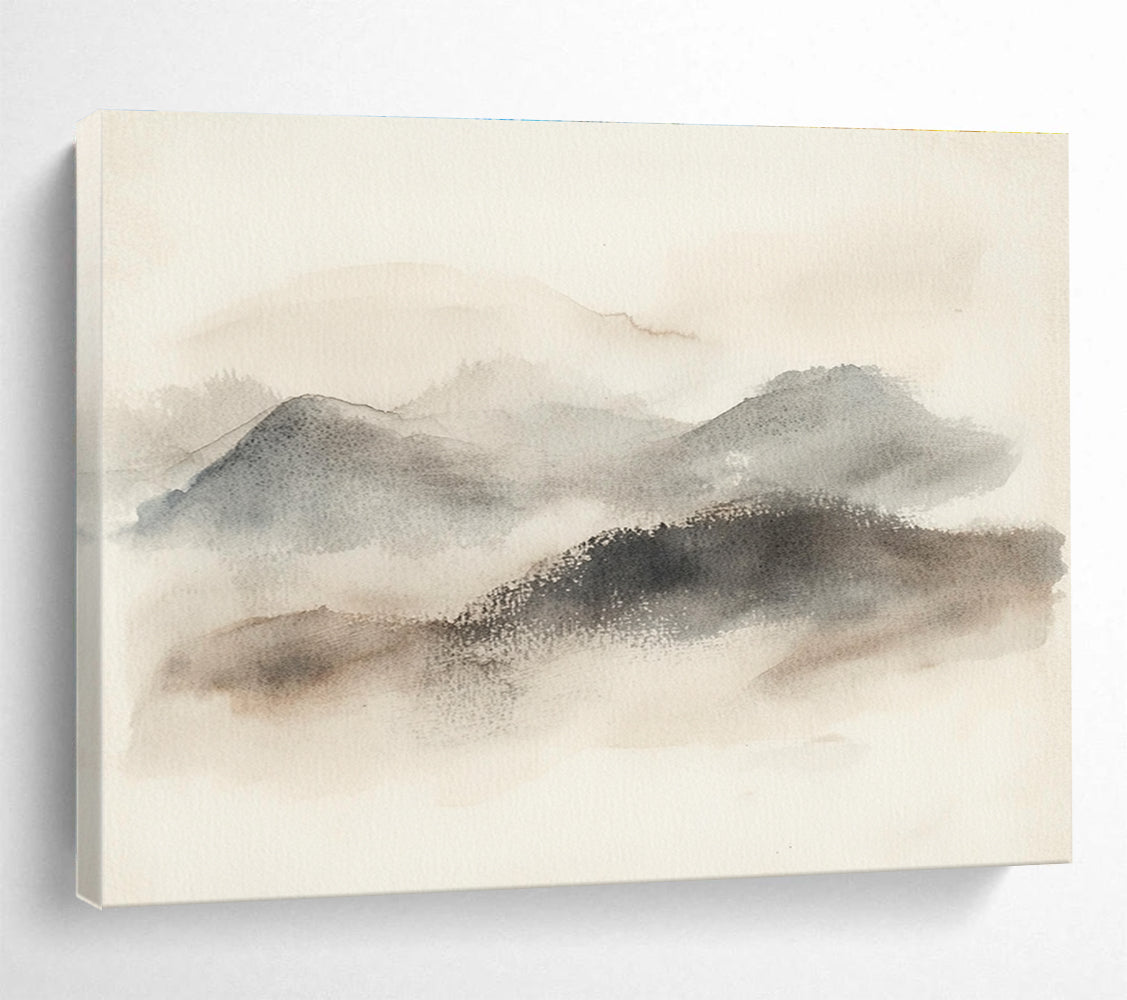 Large abstract watercolor painting of misty hills in muted gray and beige tones with organic brush strokes and textured background on light-colored paper.SC549