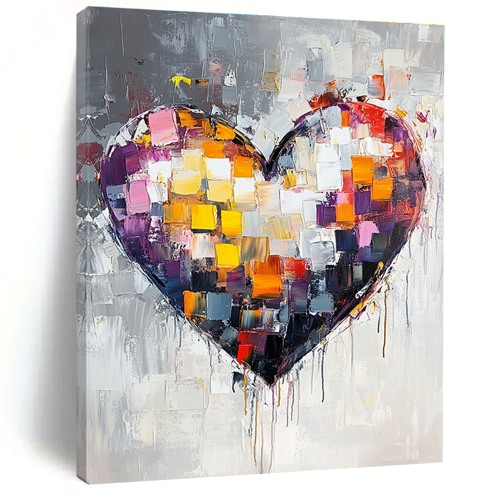 Large abstract heart painting with vibrant colors and thick brush strokes on a white background featuring paint drips and a predominantly gray palette.STSC071