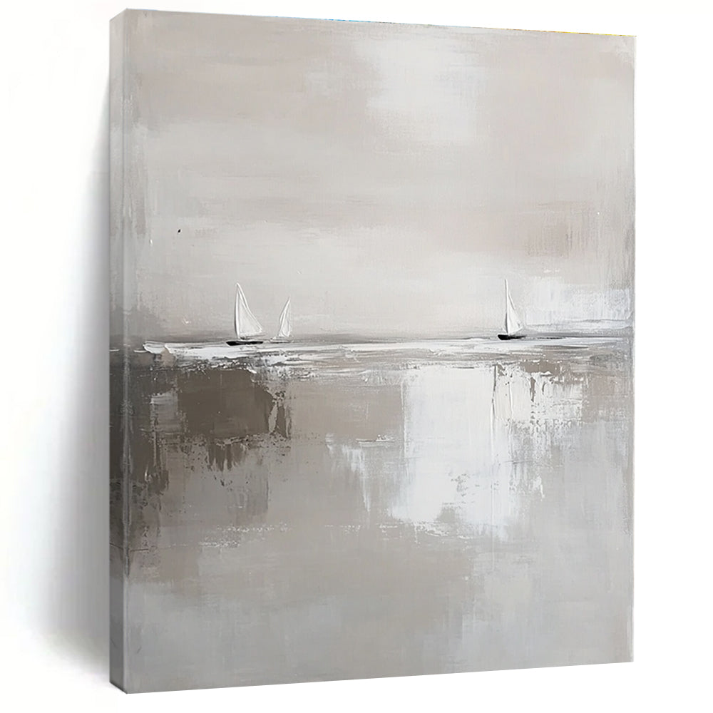 Large abstract painting in white and gray featuring calm waters and distant sailboats in a minimalist style with neutral tones.STSC359