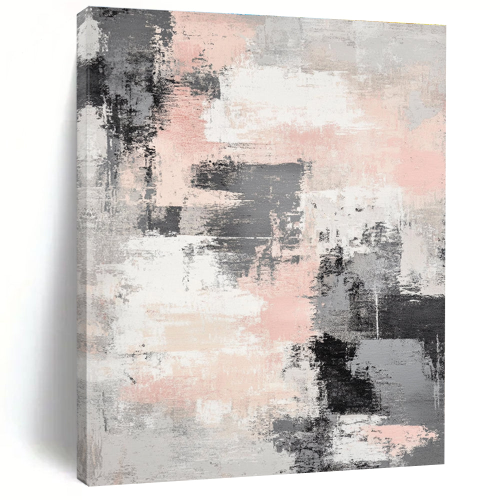 Large abstract art piece featuring soft gray and light pink interwoven textures with airy white spaces for a tranquil and mysterious atmosphere.STSC133