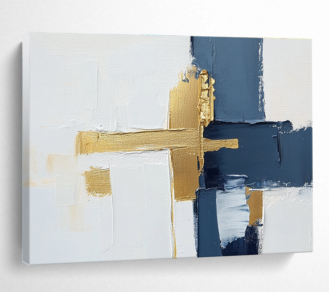 Navy Gold White Abstract Painting with Textured Cross Design DYP426