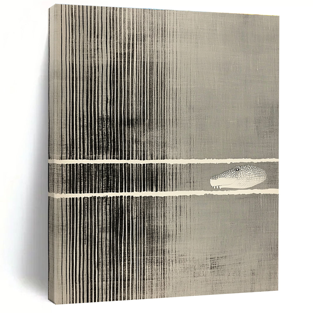 Abstract striped artwork featuring a cut-out section revealing a crocodile's head on a gray background with vertical lines.STSC1183
