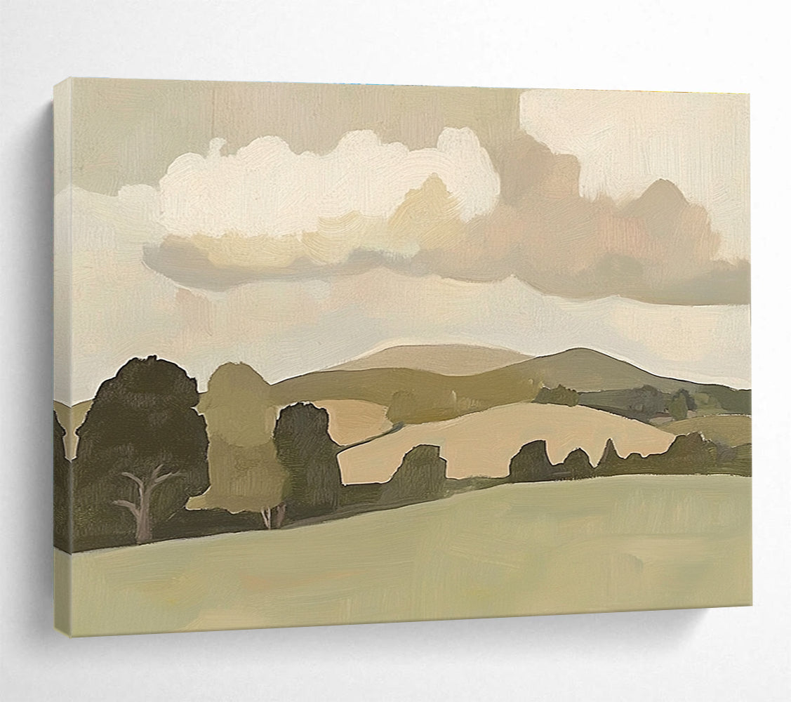 Large abstract painting of English countryside featuring minimalist hills and trees with soft brush strokes and muted colors in vintage style.SC404