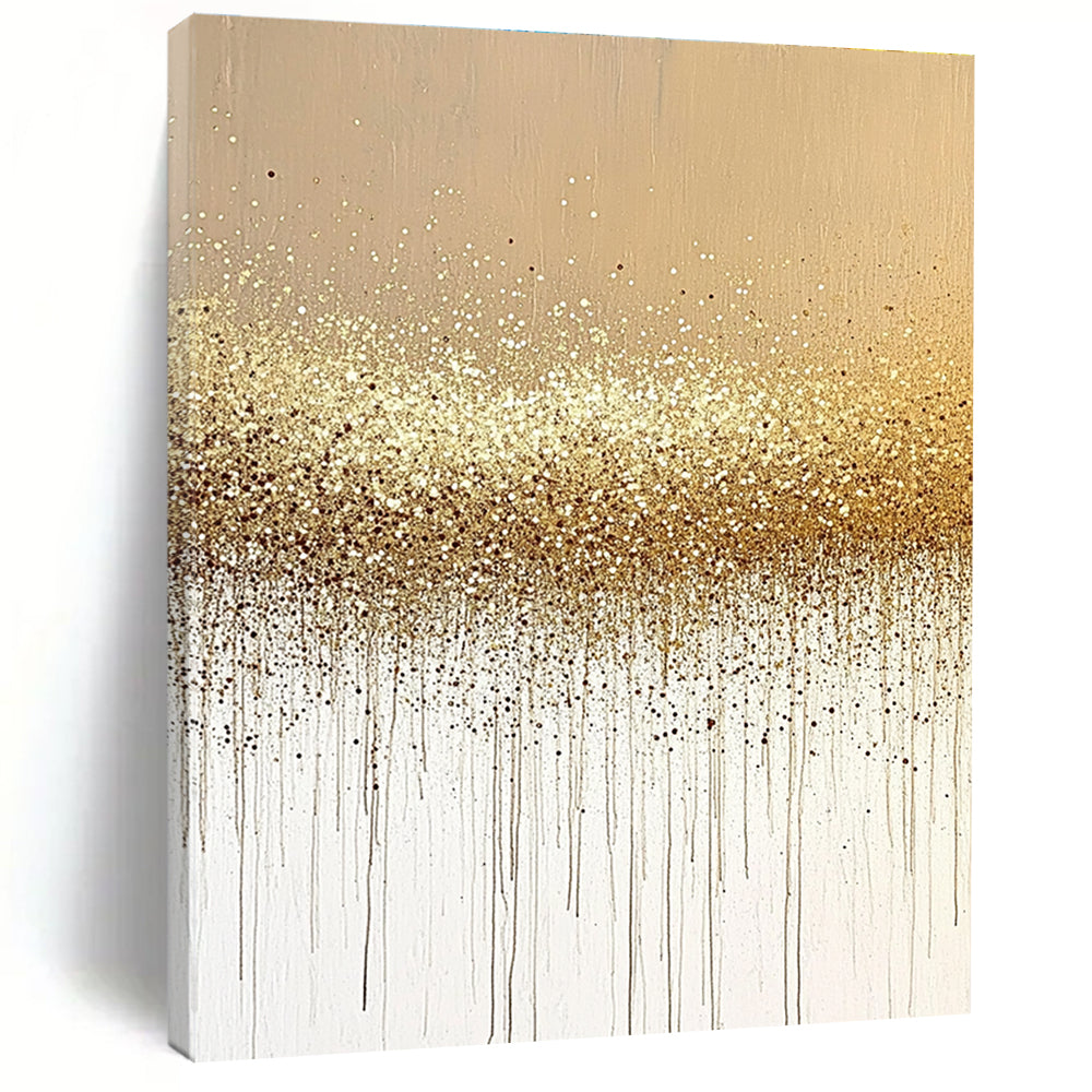 Abstract painting featuring sand and gold glitter on a neutral beige background, showcasing a minimalistic design in soothing tones.STSC994