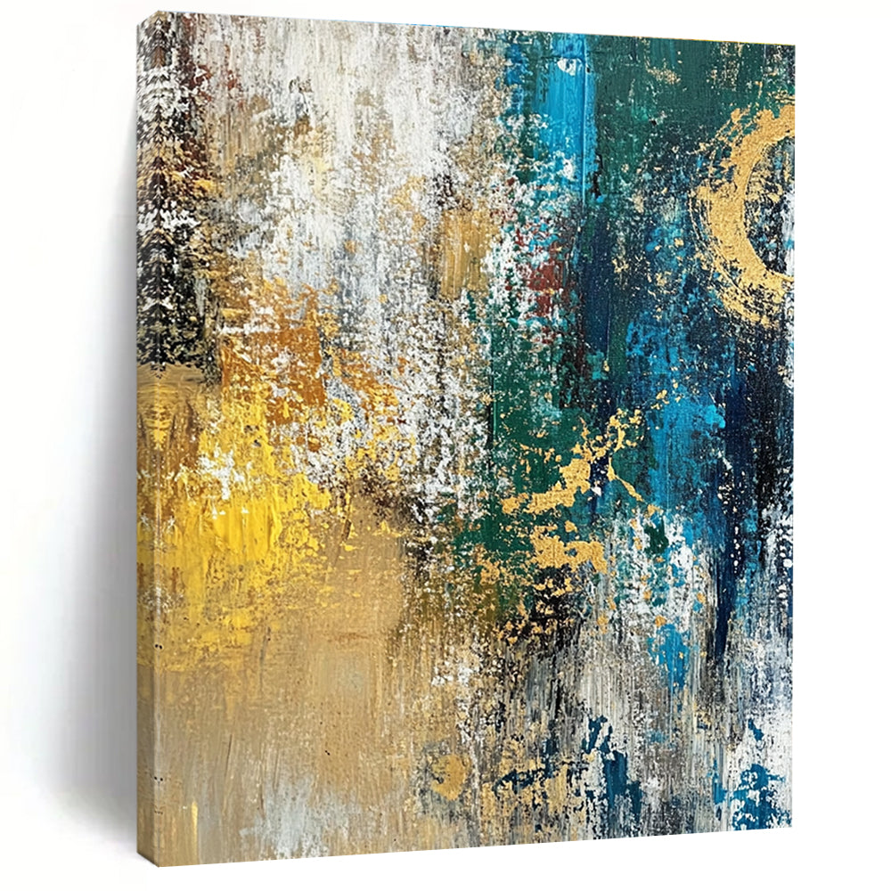 Gold Teal and White Abstract Painting with Textured Gold GER686