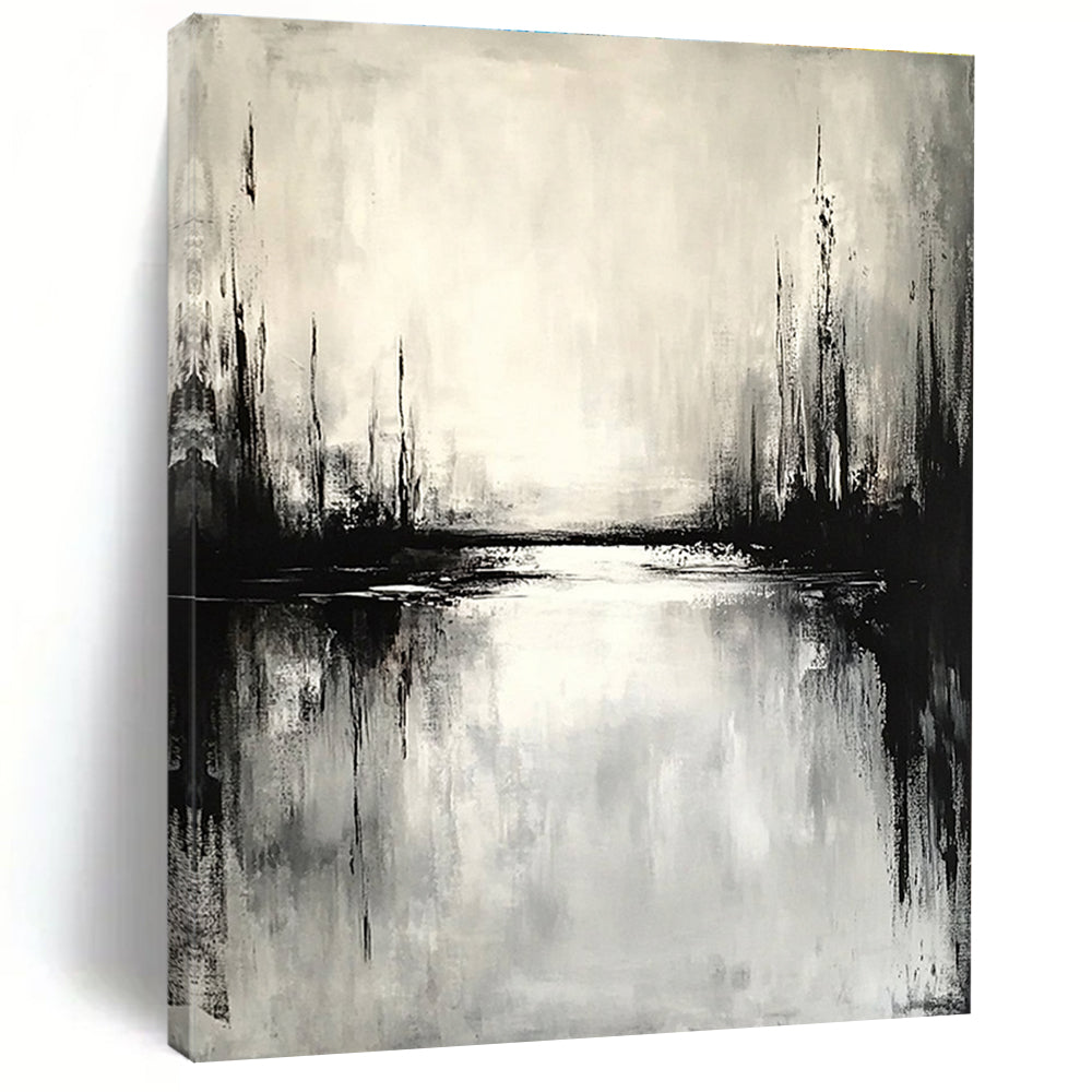 Large abstract painting depicting an overcast landscape with water reflections in muted tones evoking calmness and simplicity.STSC022