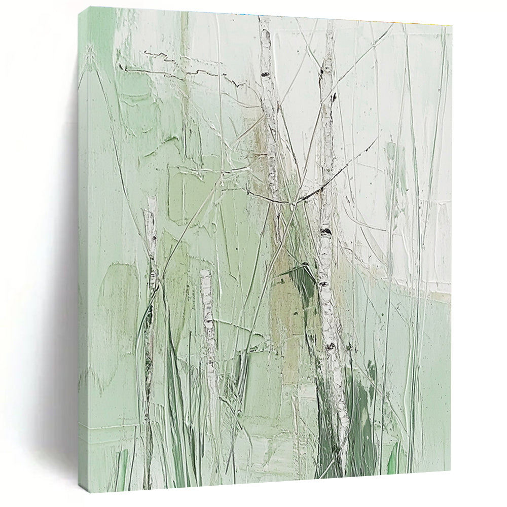Large abstract painting featuring birch trees and grass in soft greens on a white background with fine details and impasto texture in neutral colors.STSC300