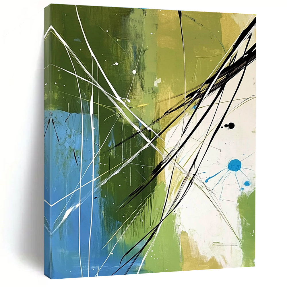 Large abstract painting featuring organic lines and shapes in green blue and white with black elements creating depth and movement for modern decor.STSC320