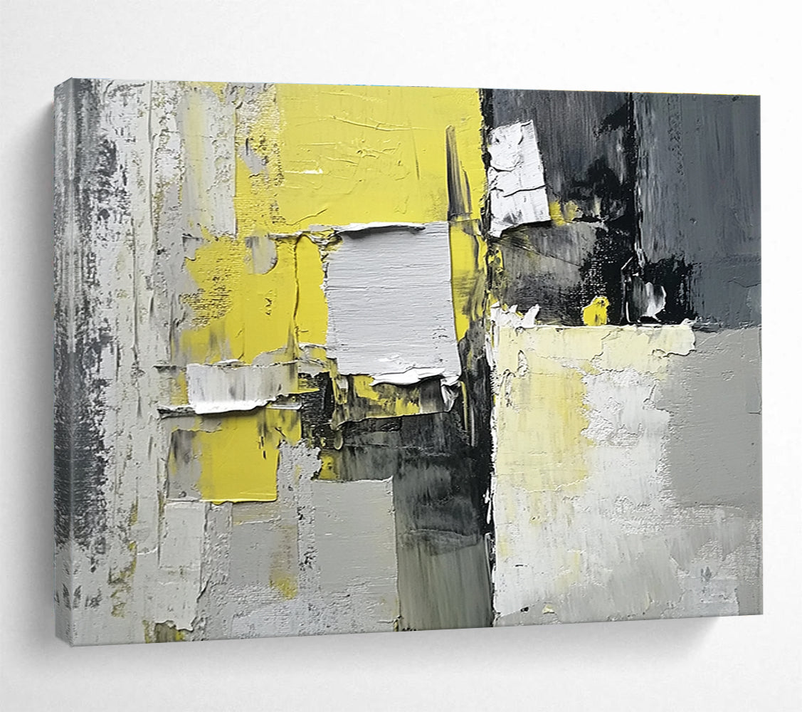 Yellow Gray and White Abstract Painting with Textured Patches DYP399