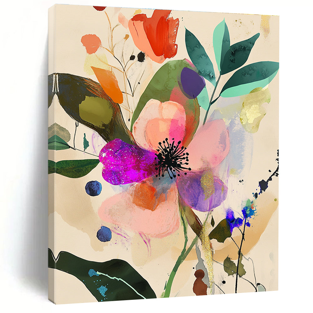 Large abstract watercolor painting featuring iridescent pink flower surrounded by floral patterns in pastel colors with organic shapes and black ink details.STSC1045