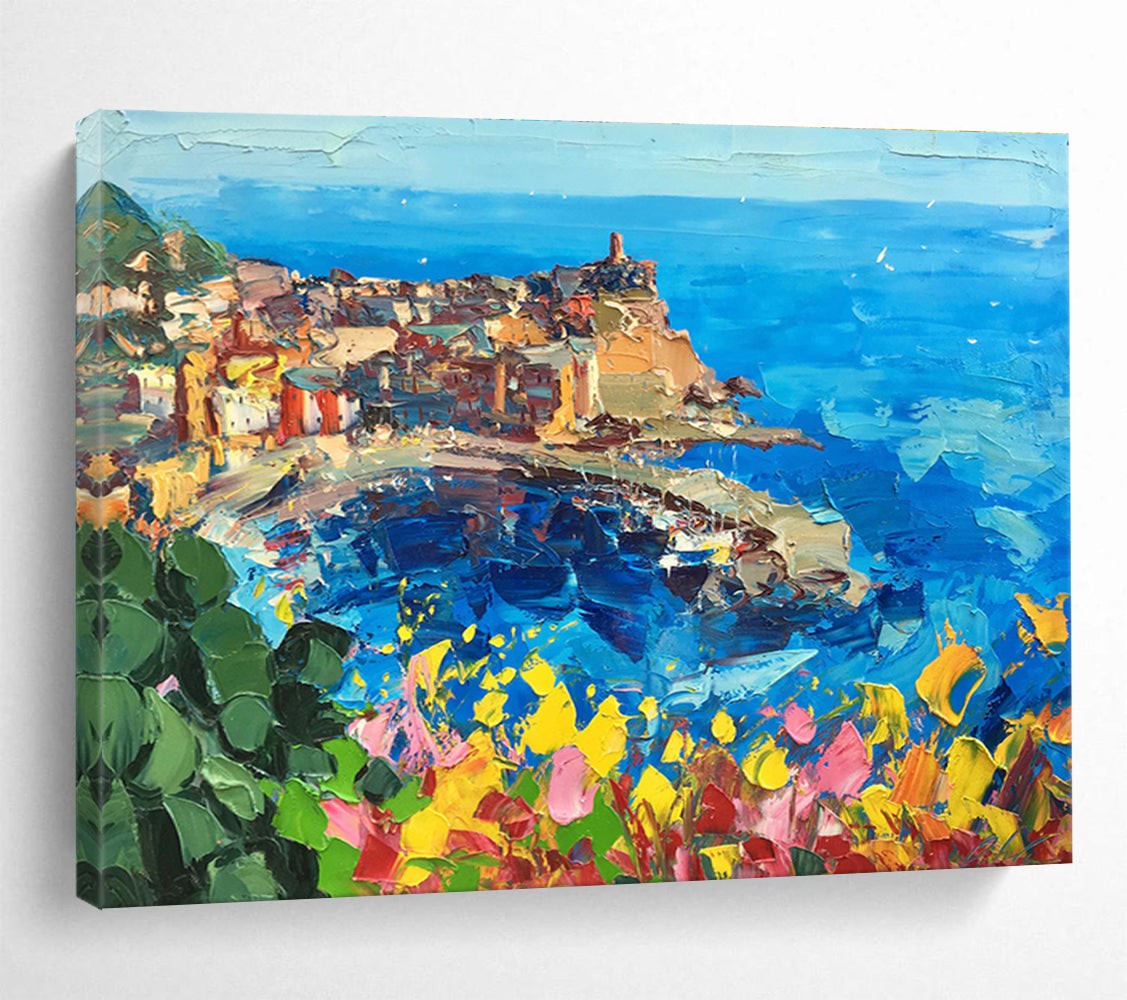 Blue Yellow Coastal Cliff Town Abstract Painting THY477