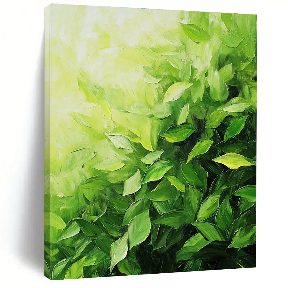 A large abstract painting of lush green tea leaves with thick brush strokes showcasing vibrant colors and dynamic composition.STSC1051