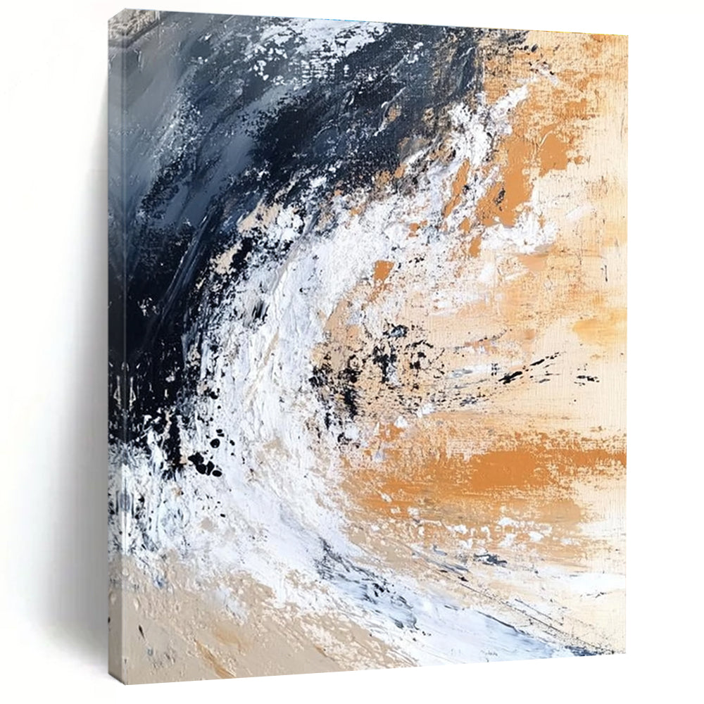 Large abstract painting depicting an ocean wave crashing on the shore in dark black and white with beige brown gray and rust orange.STSC555